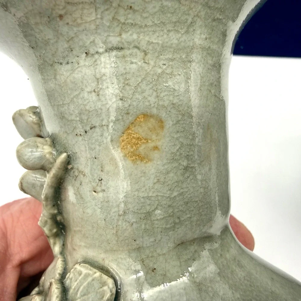 ATQ Pair of Chinese Celadon Crackle Glaze Vases High-Relief Botanical Appliqués